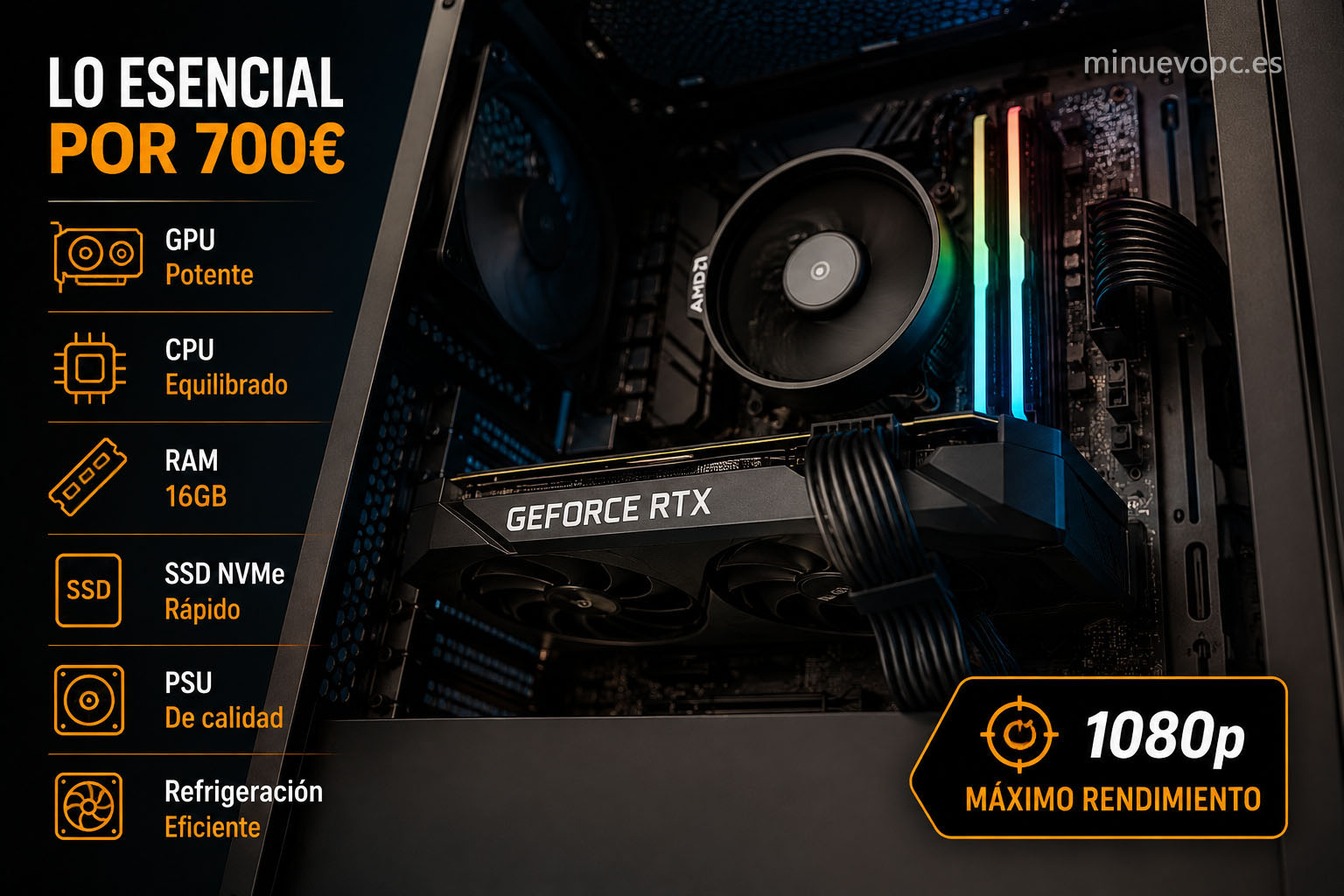 PC gaming por 700€ con GPU potente, CPU equilibrada, 16 GB de RAM y SSD NVMe para máximo rendimiento en 1080p