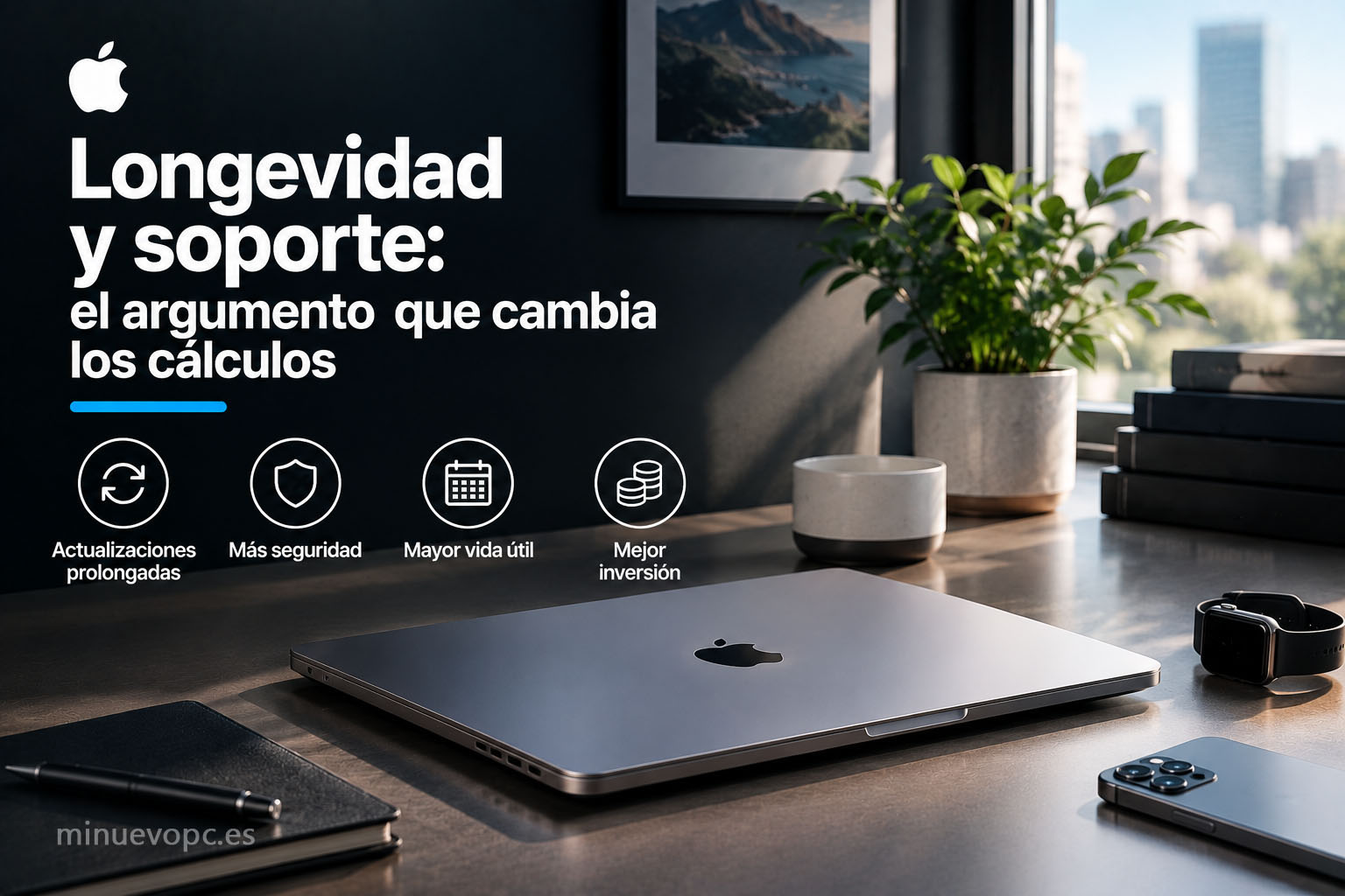 MacBook cerrado sobre un escritorio junto a iPhone y Apple Watch, una escena que representa longevidad, actualizaciones y el valor de una compra duradera