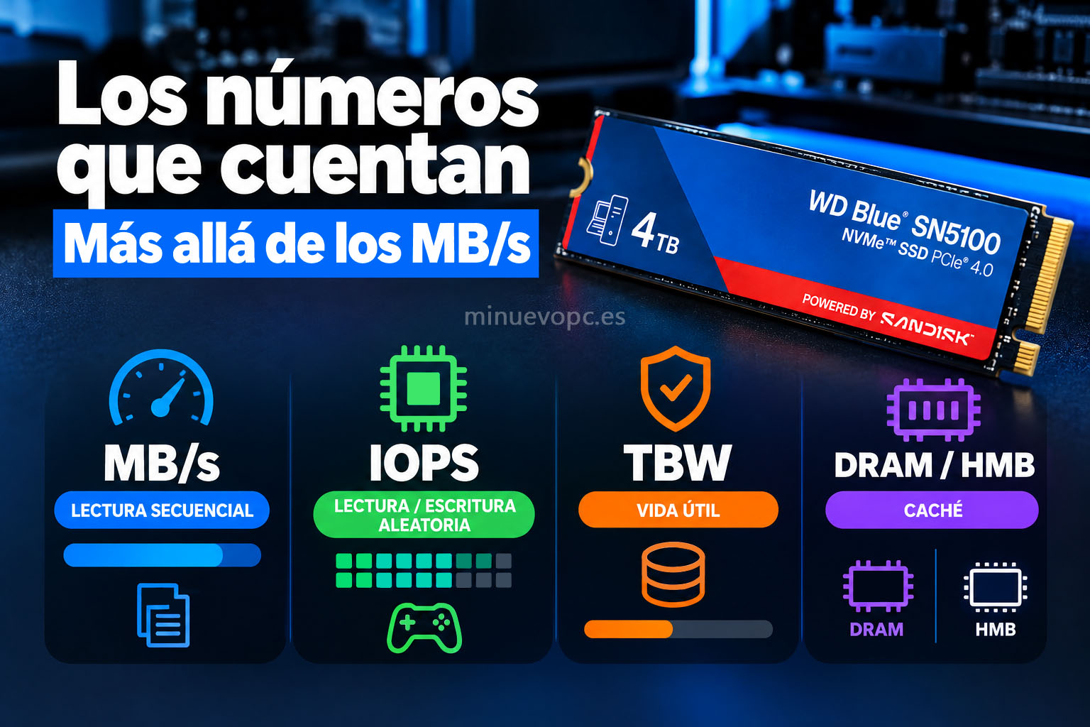 SSD NVMe de 4 TB junto a indicadores de MB/s, IOPS, TBW y caché DRAM o HMB para valorar rendimiento y resistencia