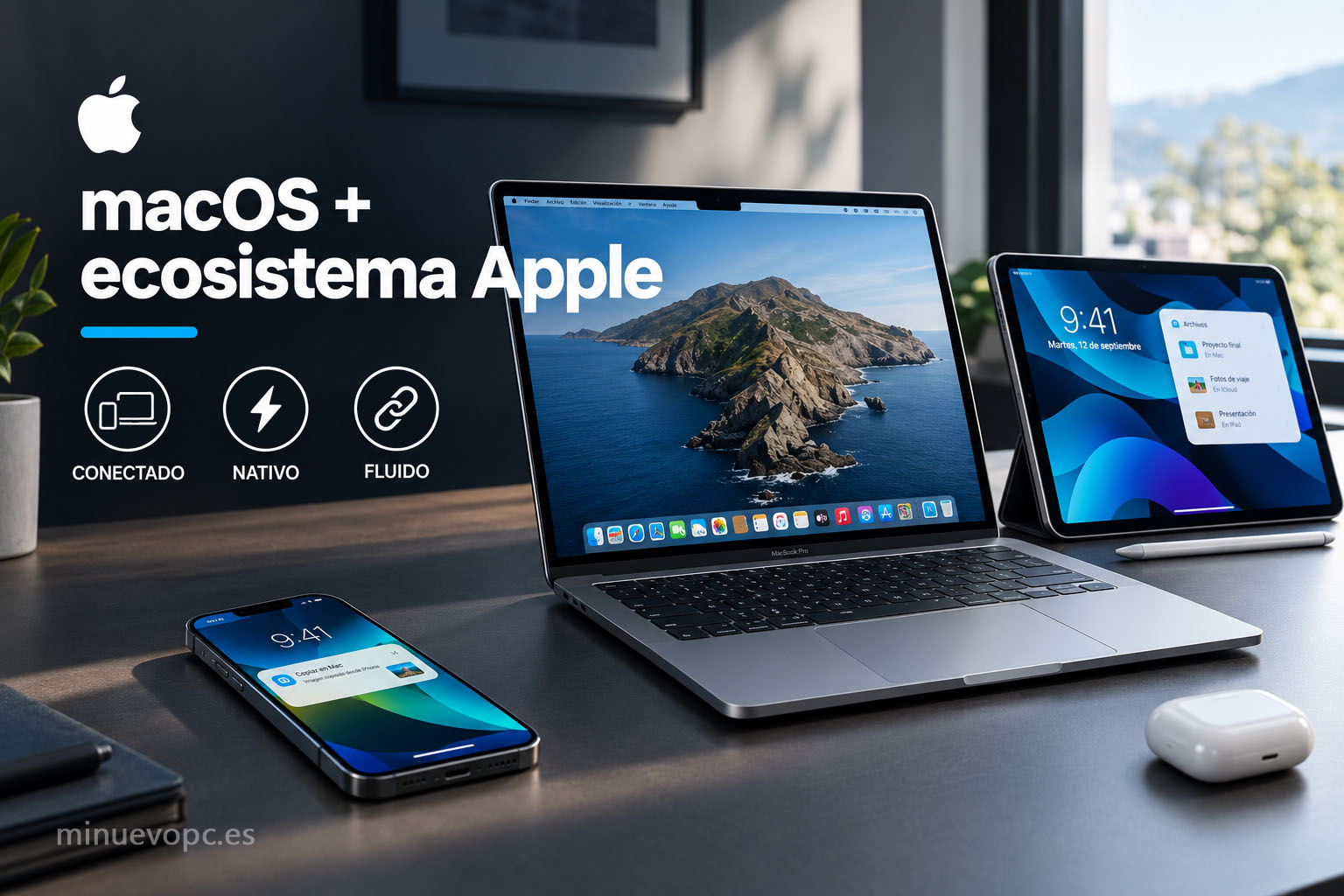 MacBook junto a iPhone y iPad en un escritorio, reflejando la integración de macOS y el ecosistema Apple para trabajar con los dispositivos conectados