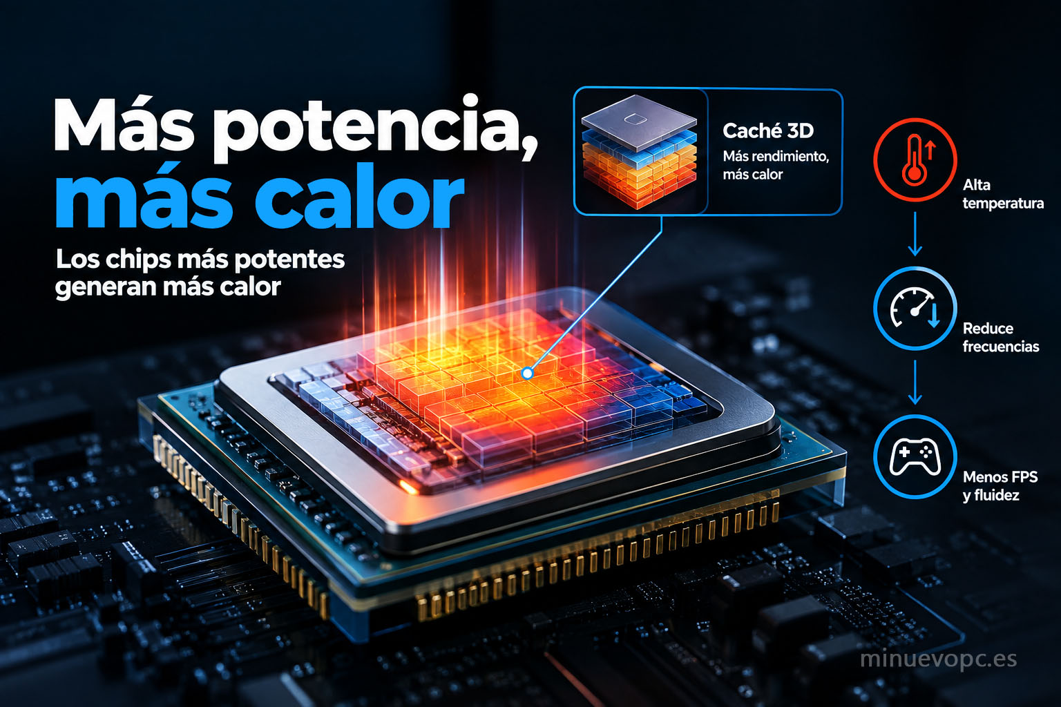 Procesador gaming con caché 3D y zonas de calor, mostrando por qué necesita buena refrigeración