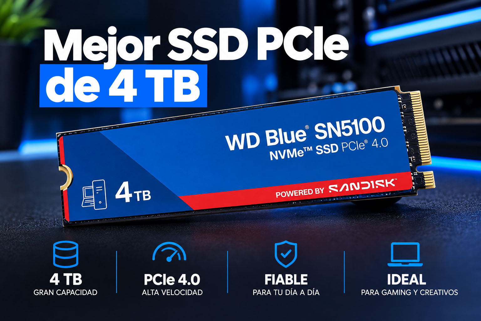 SSD PCIe de 4 TB en primer plano sobre un entorno de PC, destacando gran capacidad, alta velocidad y buena relación calidad precio