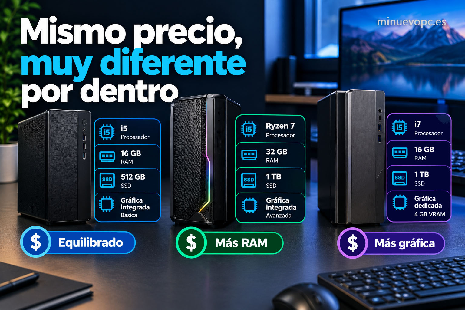 Tres torres de sobremesa con distintas configuraciones de procesador, RAM, SSD y gráfica muestran por qué el precio no lo dice todo