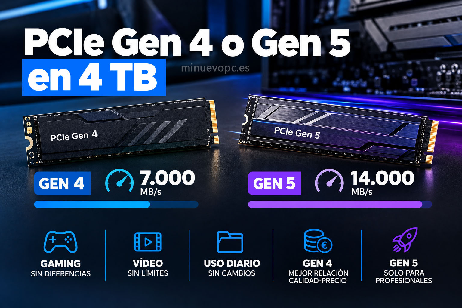 Comparativa de SSD PCIe Gen 4 y Gen 5 de 4 TB, con velocidades de 7.000 y 14.000 MB/s para gaming y uso diario
