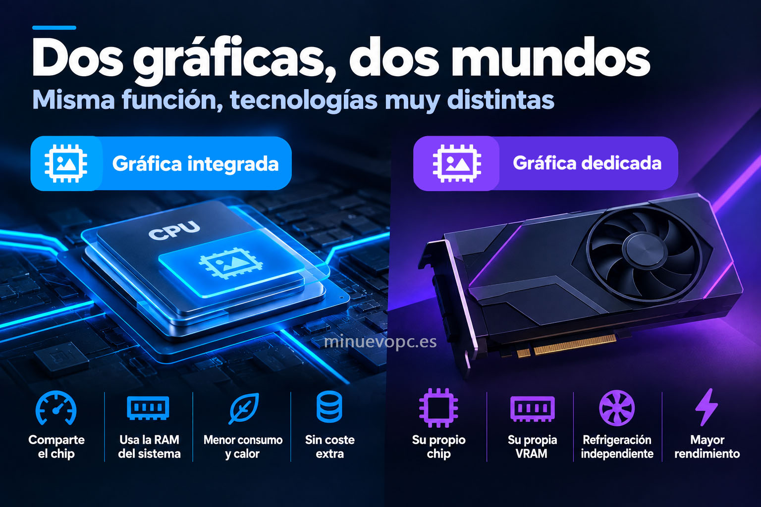 Comparativa de gráfica integrada vs dedicada con CPU, memoria compartida, VRAM propia y diferencias de consumo, refrigeración y rendimiento
