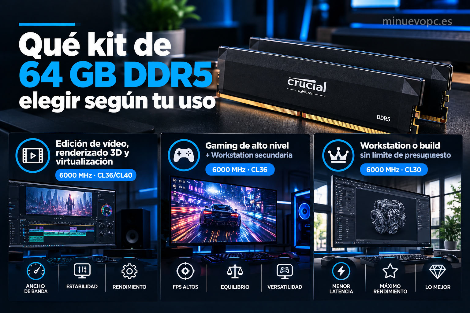 Tres escenarios muestran qué kit de 64 GB DDR5 elegir para edición, gaming y workstation, con 6000 MHz