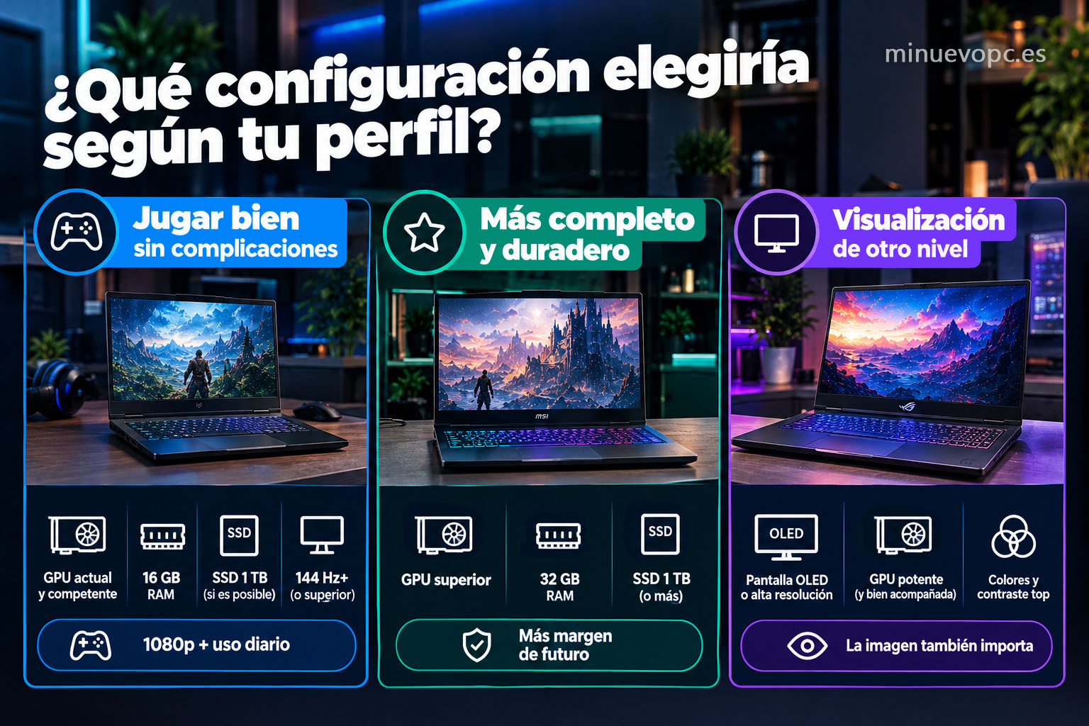 Guía visual con tres perfiles de portátil gaming, desde una configuración equilibrada hasta opciones con más RAM, GPU y mejor pantalla para distintos usuarios