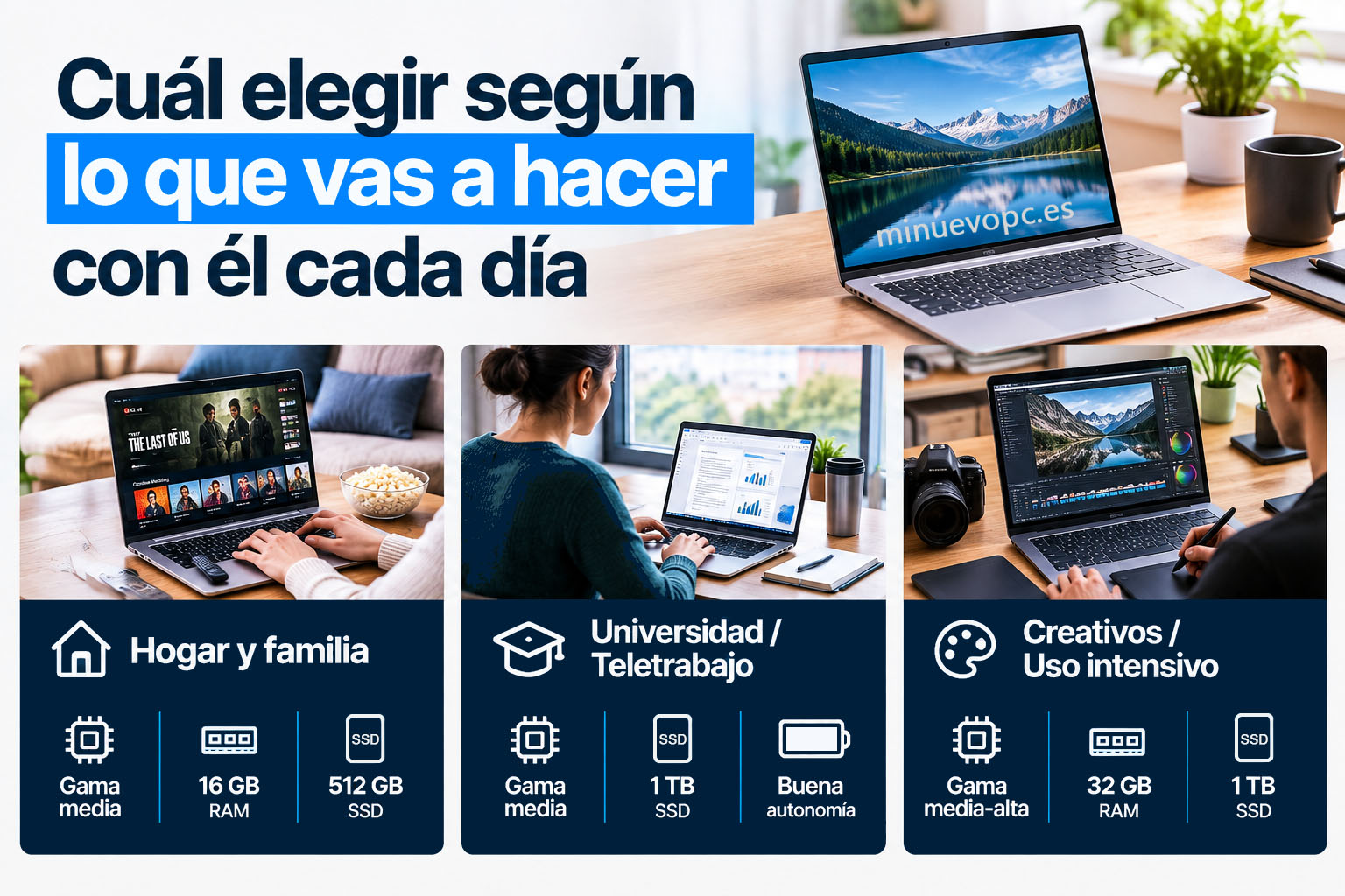 Tres perfiles de uso para elegir portátil: hogar con 16 GB y 512 GB, teletrabajo con 1 TB y opción creativa con 32 GB