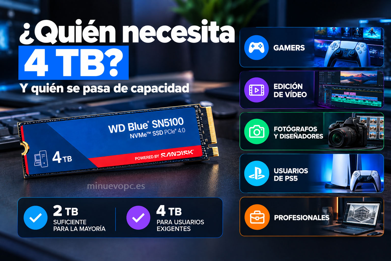 SSD NVMe de 4 TB en primer plano con iconos de gaming, edición de vídeo, fotografía, PS5 y uso profesional