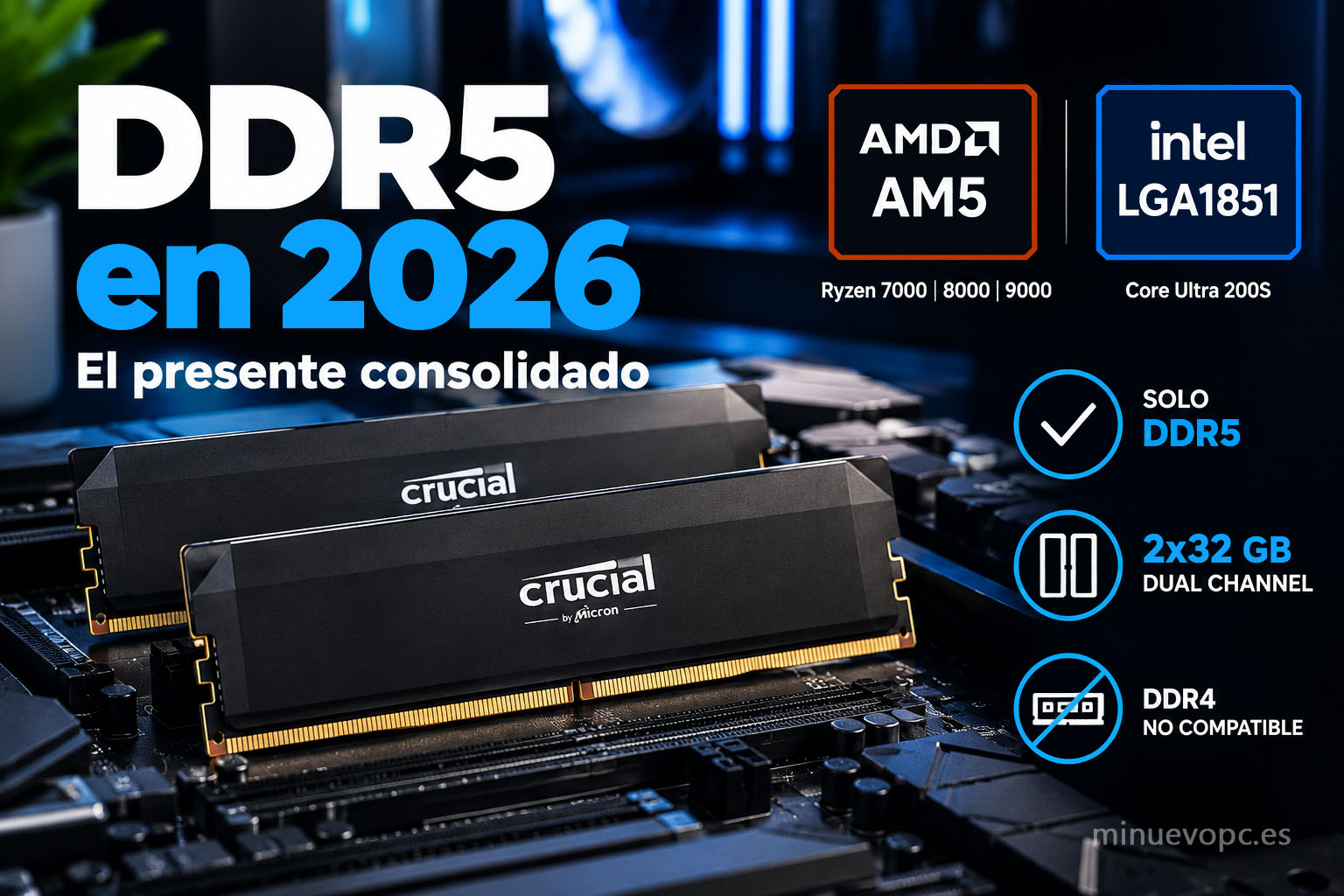 Dos módulos DDR5 2x32 GB sobre una placa base, mostrando el estándar actual y la configuración de memoria en dual channel