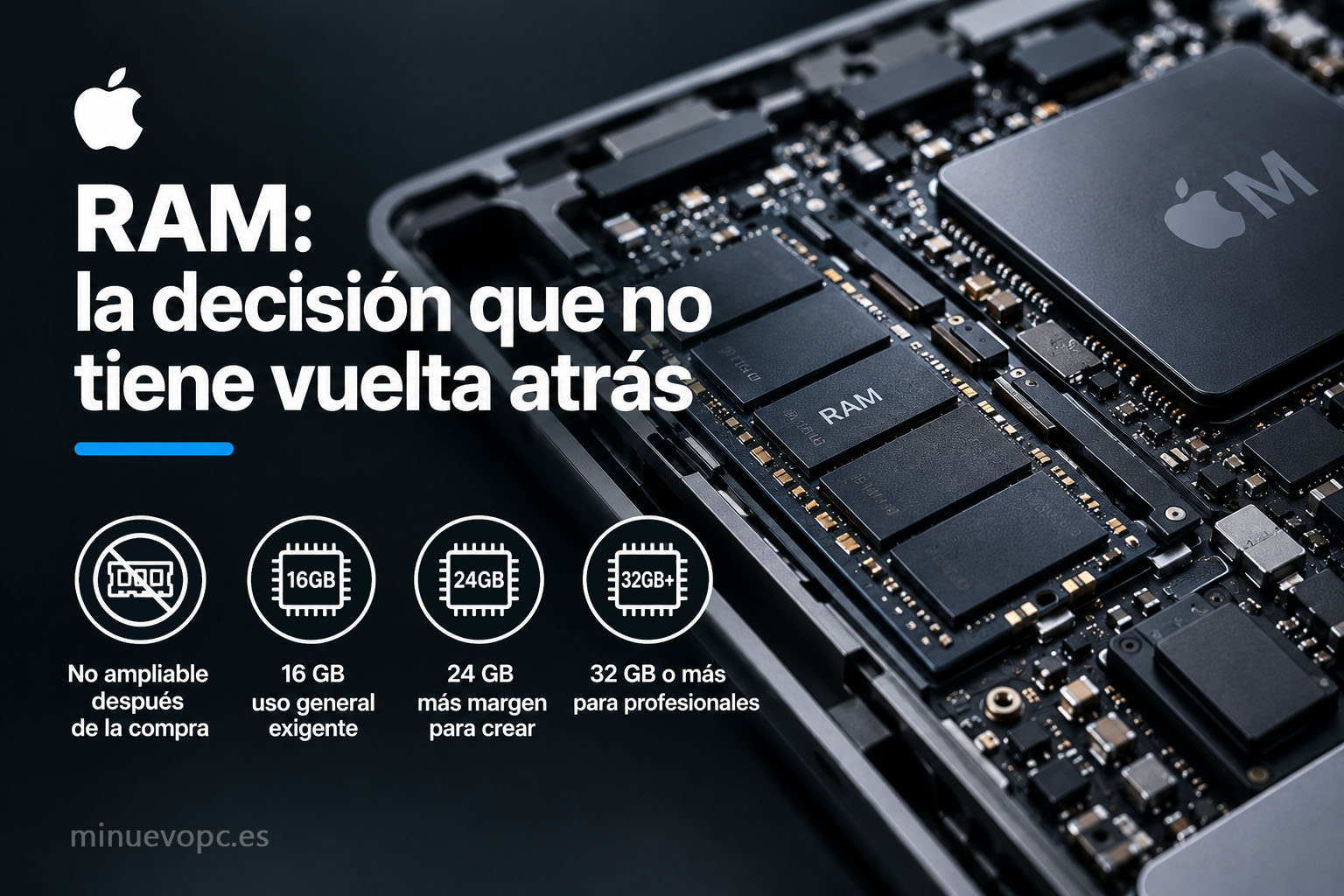 Detalle de la memoria RAM integrada de un MacBook con opciones de 16, 24 y 32 GB para elegir la configuración adecuada