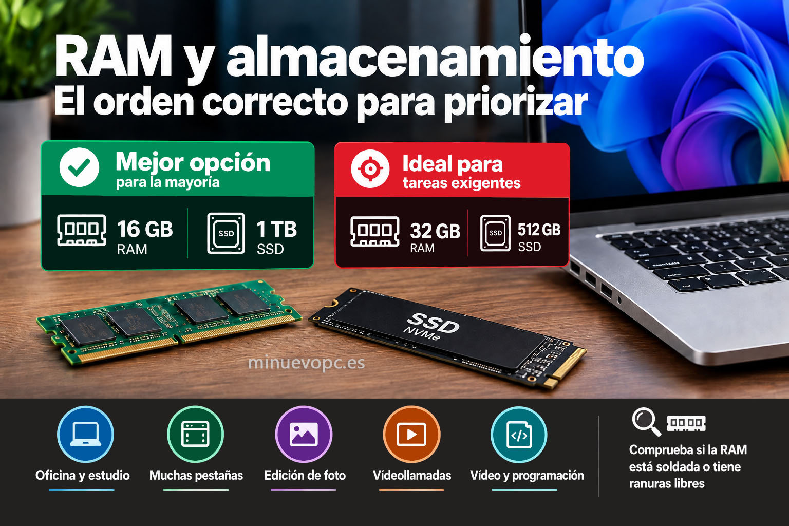 16 GB de RAM y SSD NVMe de 1 TB junto a un portátil, una configuración equilibrada para trabajar