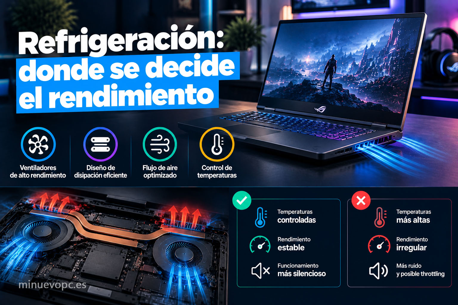 Portátil gaming moderno mostrando sus salidas de aire y flujo de refrigeración, con una vista interna que explica cómo controlar temperaturas durante sesiones largas