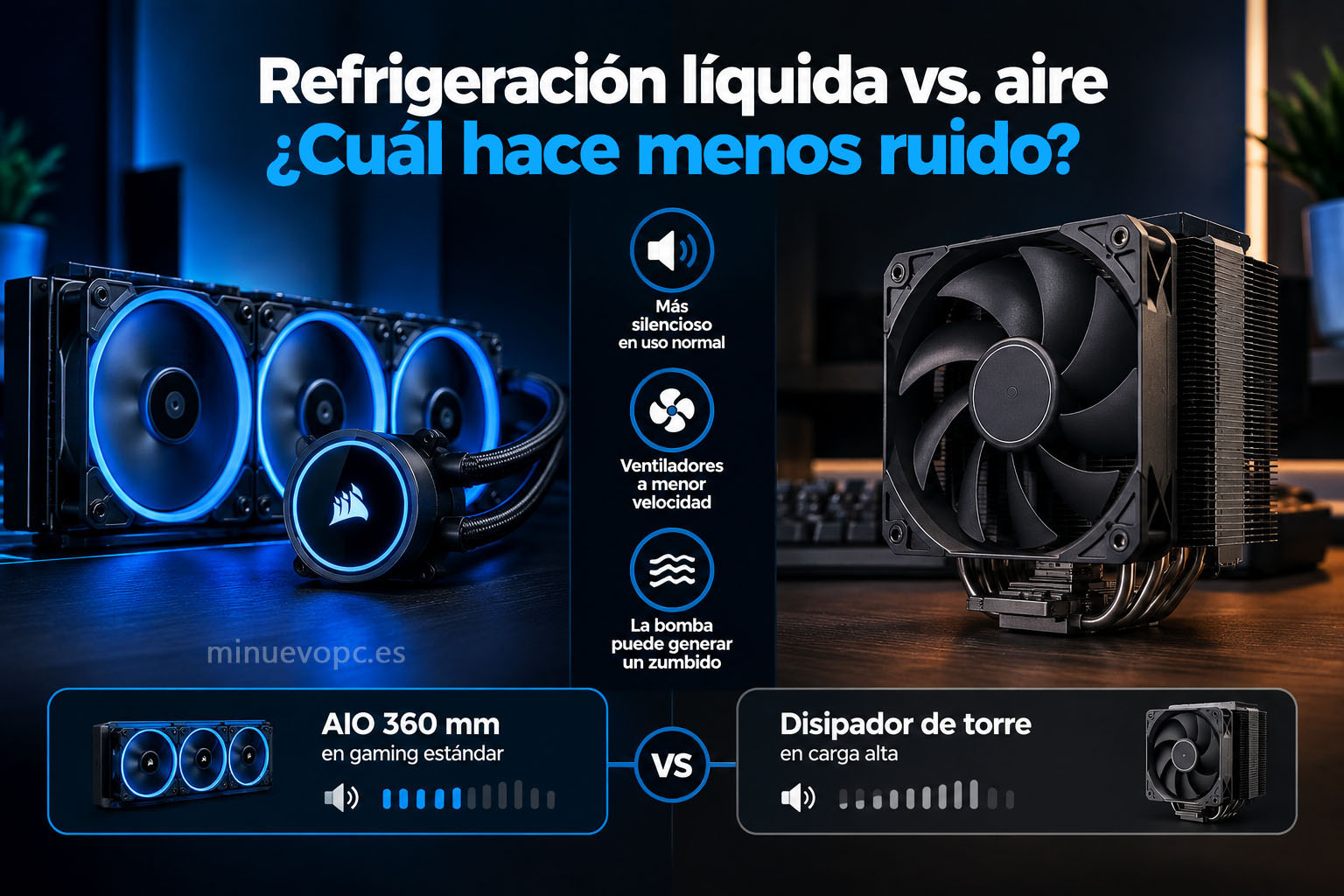 AIO de 360 mm y disipador de aire comparados por ruido, ventiladores y zumbido de bomba