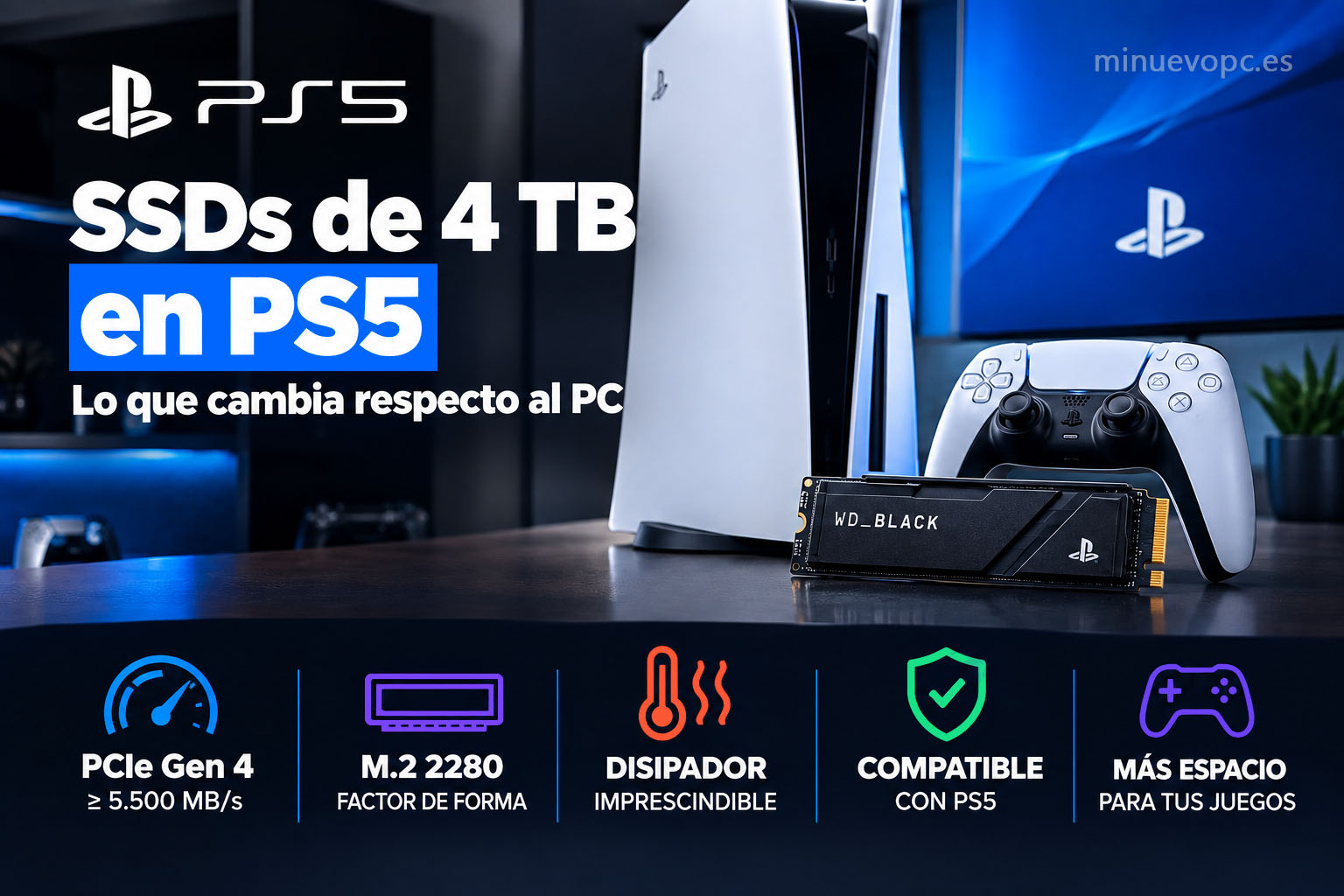 PS5 con mando DualSense y SSD NVMe de 4 TB con disipador, formato M.2 2280 y PCIe Gen 4 para ampliar juegos