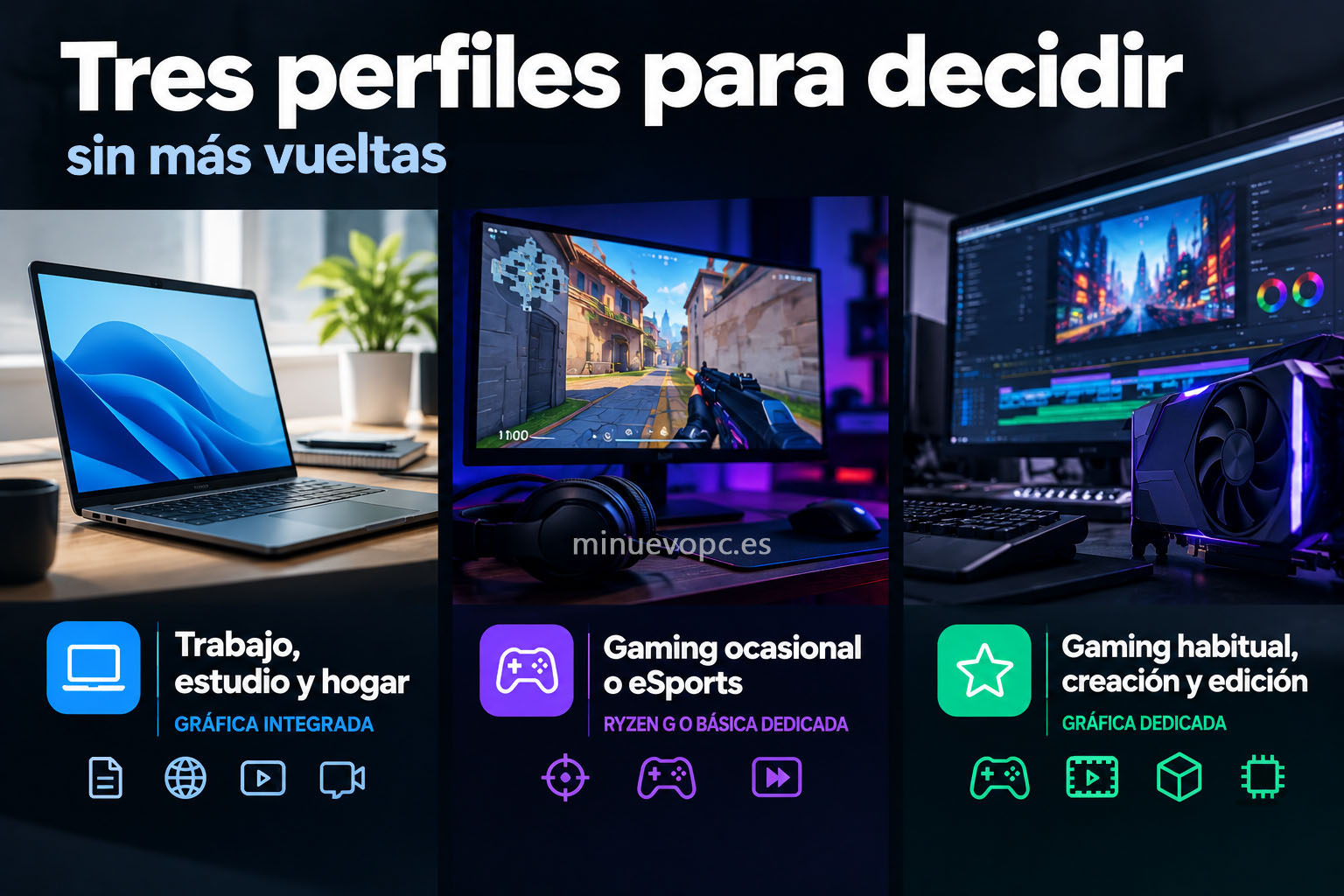 Portátil, gaming y edición representan tres perfiles de uso para elegir entre gráfica integrada o dedicada según necesidades y precio